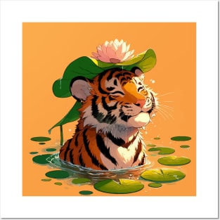 Kawaii Anime Tiger Bath With Water Lily Posters and Art